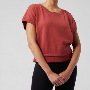 Athleta Sundown Shirred Sweatshirt T-Shirt Rustic Red Boxy Oversized XS Tee Gym